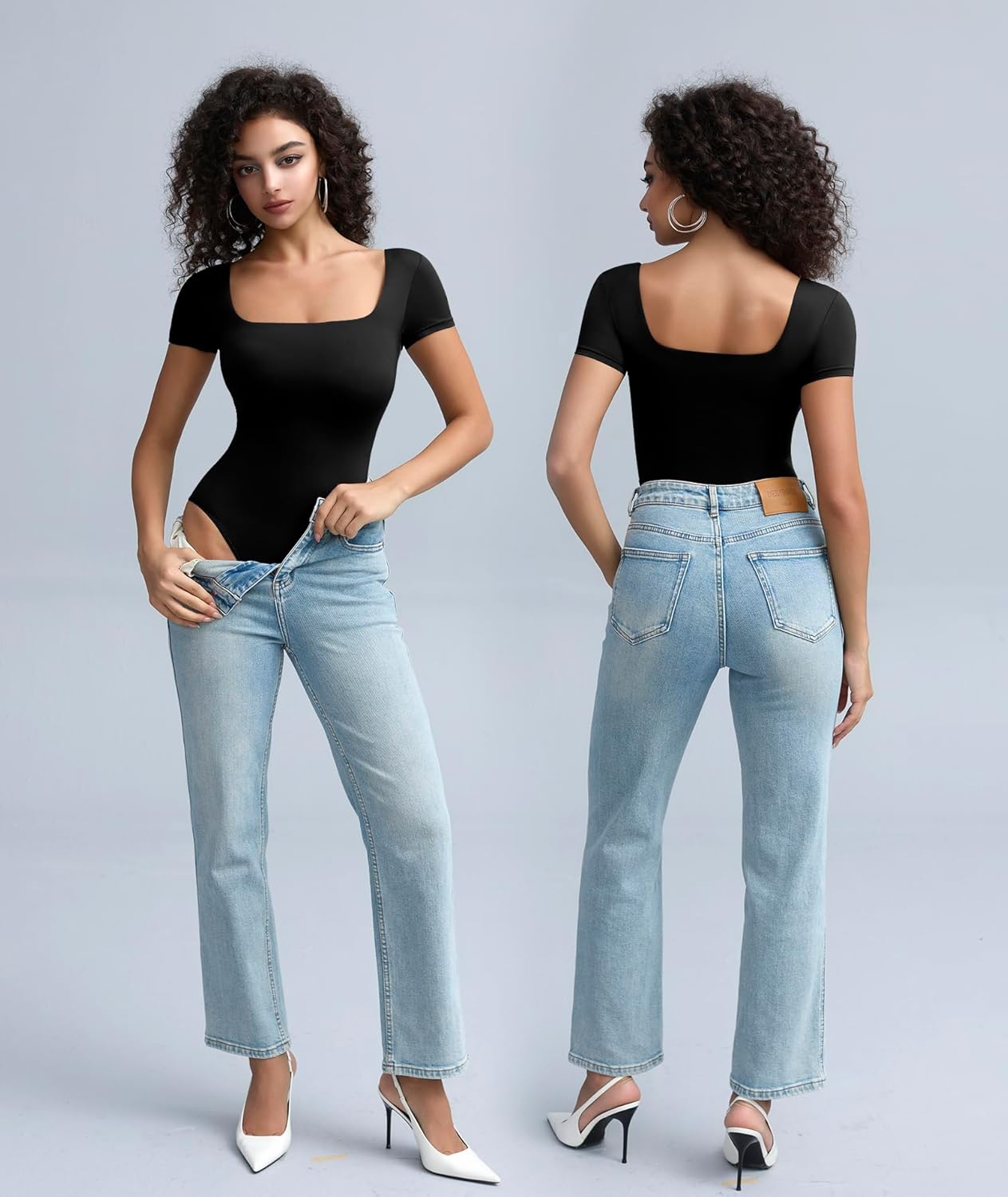 Women's Sexy Square Neck Double-Lined Bodysuits Short Sleeve T-Shirts Body Suits Summer Slim Fitted Tops - Image 6