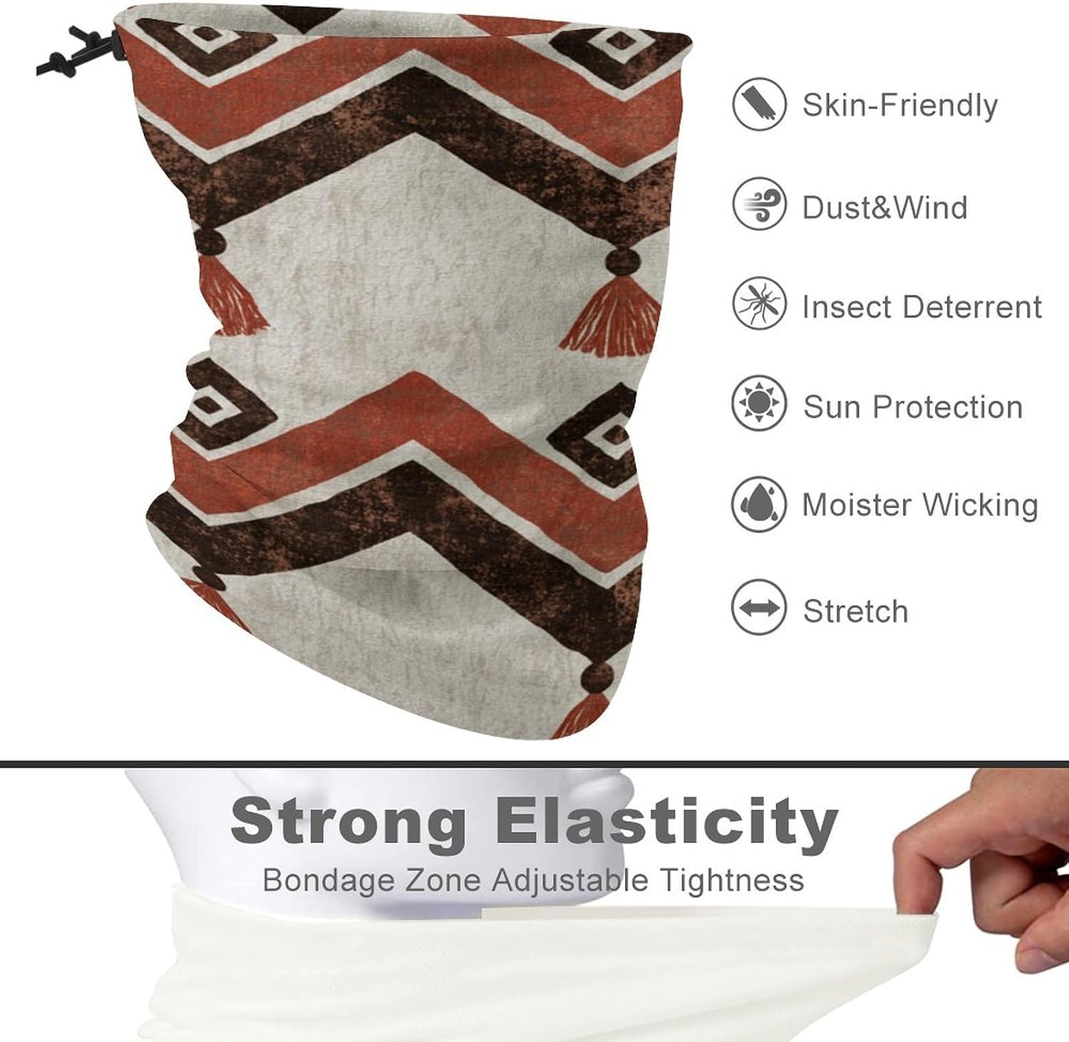 Geometry And Tassels Men's Neck Gaiter Face Cover, Polyester Breathable Scarf with Drawstring Toggle Adjuster