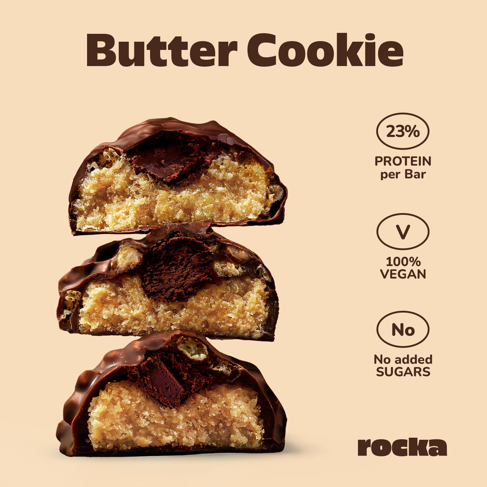 Rocka Nutrition Protein Bar I Veganer Proteinriegel mit 12 g Protein/Riegel I zuckerreduziert I voller Geschmack I 12 x 50g einzeln verpackte No Whey Bars (Butter Cookie)