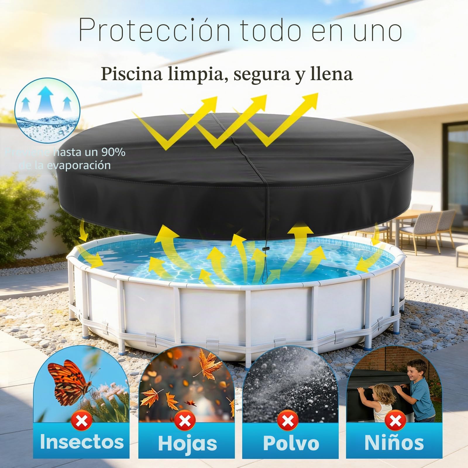 Cubierta para Piscina Redonda Ø365, para Piscinas Ø320-363 cm, Lona para Piscina con Cordón y Estacas, Oxford Lona Piscina con Protección UV, Hermética al Polvo, para Piscinas Elevadas y Trampolines
