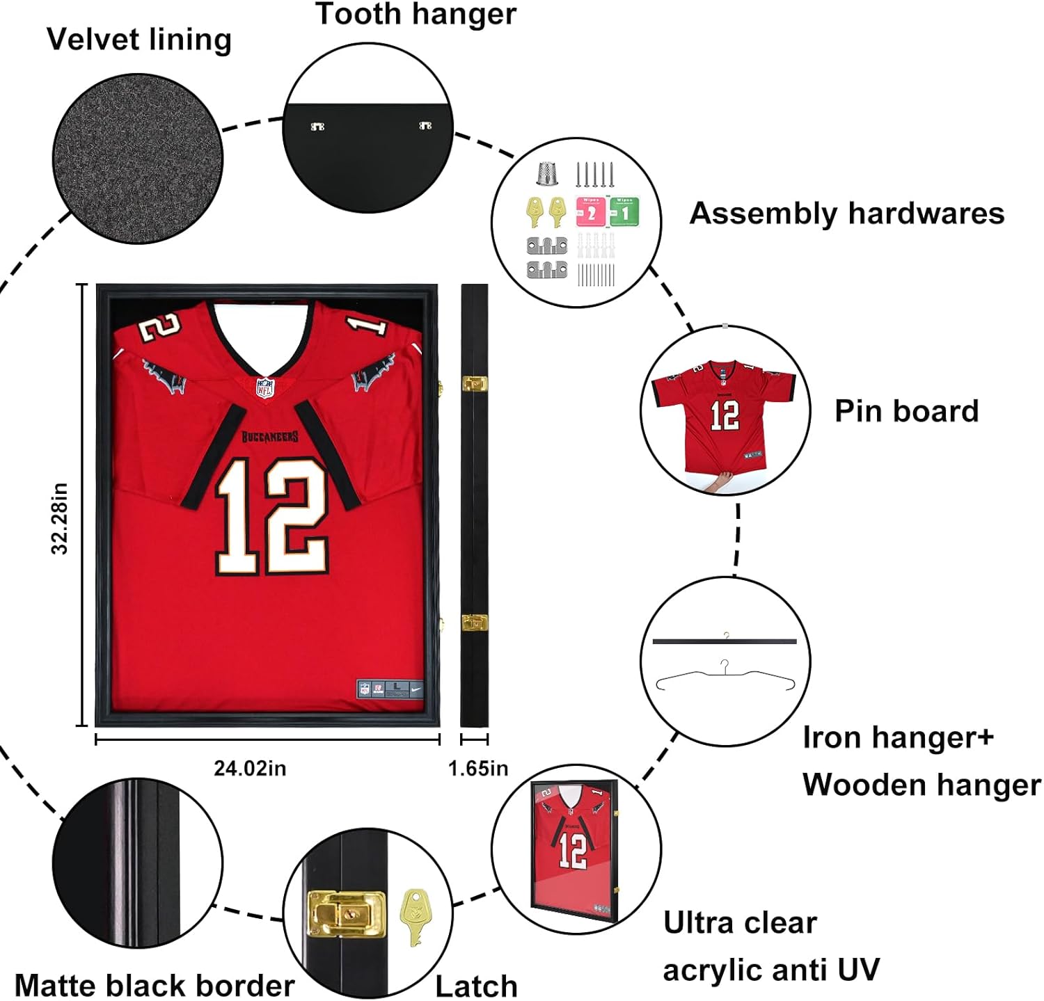 Egofine Jersey Frame Display Case 32''x24'' Wood Large Frame, Jersey Shadow Box Covered by Acrylic with Hangers Wall Mounting Jersey Frame for Basketball, Baseball, Football, Hockey Sport Shirt, Black