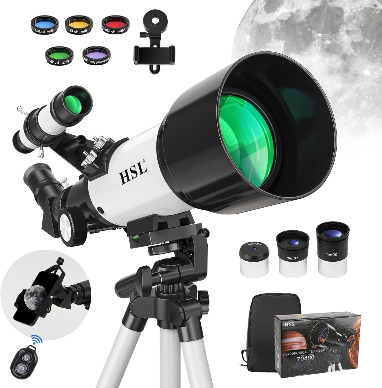 HSL70400 Telescope for Kids 8-12,Telescope for Adults high Powered,70mm Aperture 400mm Focal Length Refractor Astronomy telescopes Kids 5-7 6 Year Old White