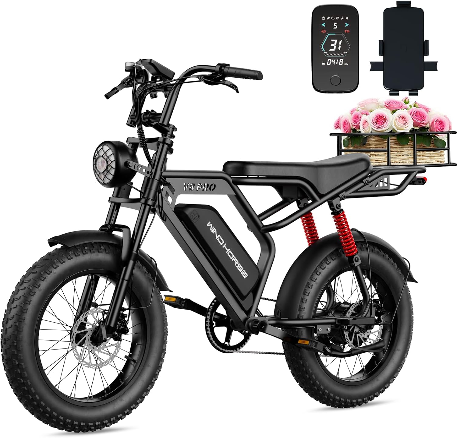 Electric Dirt Bike for Adults, 20" Fat Tire E-Bike with Long Seat, Free Rear Basket & Phone Mount, 40-65Mile Long Range, 31MPH, 1500W Peak Motor All-Terrain Off-Road EBike for Commuting & Trail Riding
