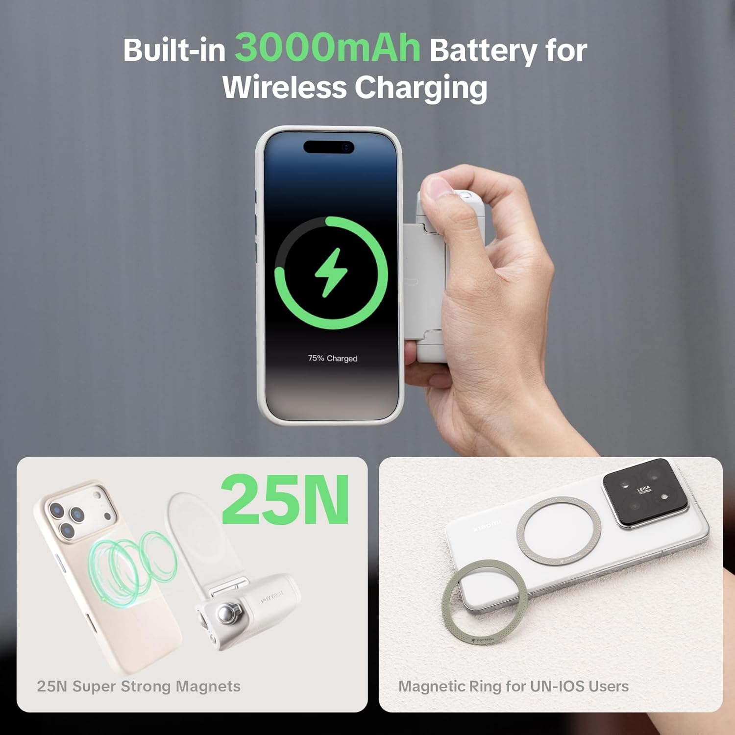 PGYTECH MagCam Phone Camera Grip with App, Built in 3000mAh Powerbank/Detachable Bluetooth Remote/Phone Stand, 3-in-1 Magnetic Camera Phone Grip with MagSafe Wireless Charging, Black