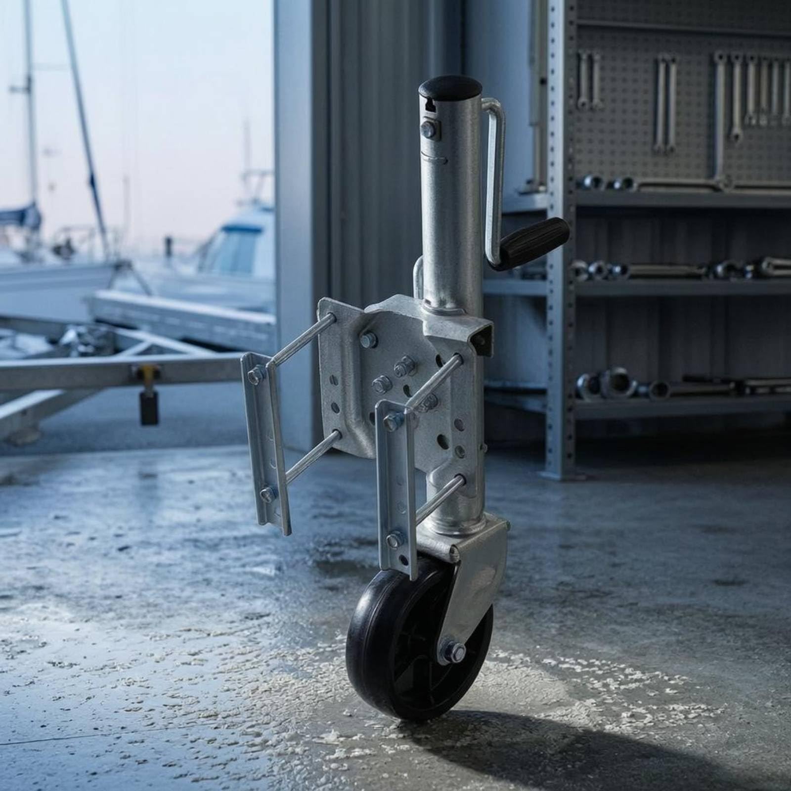 F Fityle Soporte Elevador de Remolque con Rueda Gato de Remolque Abatible Giratorio Exterior Cilíndrico Sujeción con Pernos y Abrazadera Plástico y Galvanizado
