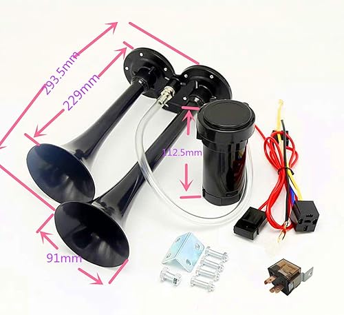 Miniatura 5 de Bocina de aire de 12 V, 150 db, bocina de tubo doble, cuerno de doble trompeta de zinc cromado, bocina automática con compresor para cualquier