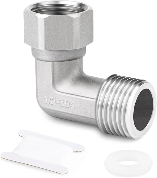 1 pieza de acero inoxidable 304, codo de 90 grados, 2 extremos, conector flexible móvil, 1/2" hembra y macho para pulverizador, válvula angular, brazo de ducha - 1