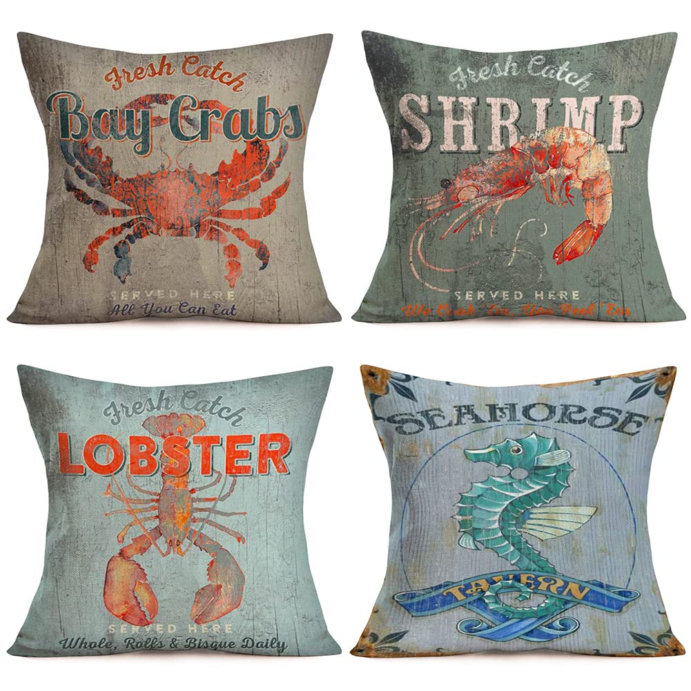 Rustic Ocean Animal Throw Pillow Cover Sea Theme Fresh Catch Bay Crabs Shrimp Lobster Seahorse Home Decorative Throw Pillow Case Cushion Cover for Couch Sofa Bed, Set of 4 (OC, 20" x 20")
