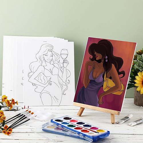 Miniatura 9 de Ctosree Paquete de 12 lienzos predibujados, 12 piezas de lienzo preimpreso, juego de pintura de lienzo Afro Queen, 12 juegos de pintura de acuarela,