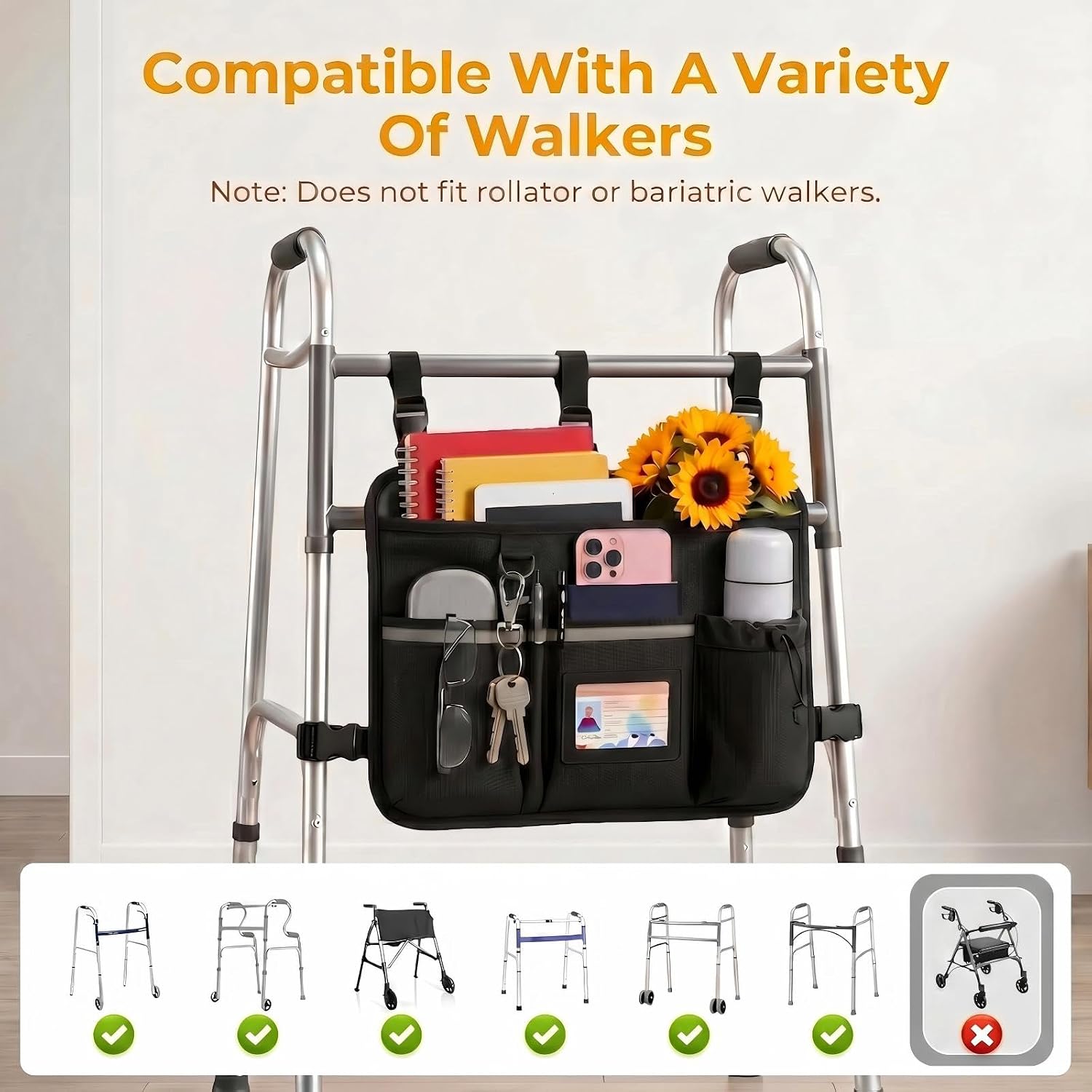 Walker Accessories Bag, Cup Holder & Waterproof Storage for Seniors, Black image 3