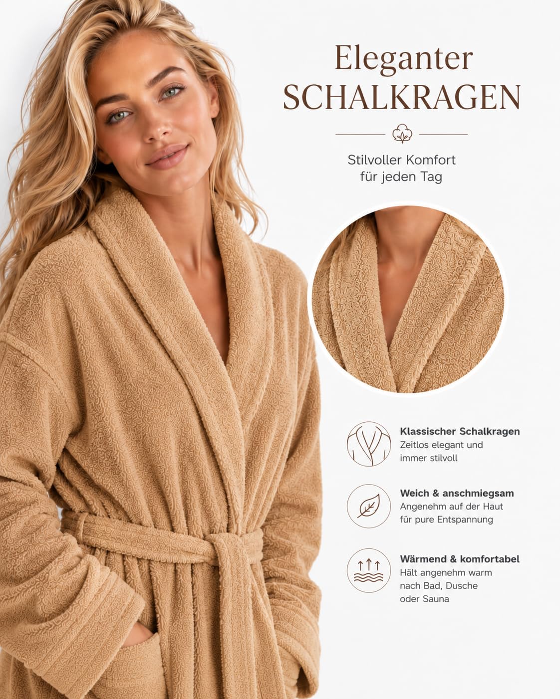 ELY PARKER Albornoz para mujer de rizo, cuello chal, algodón