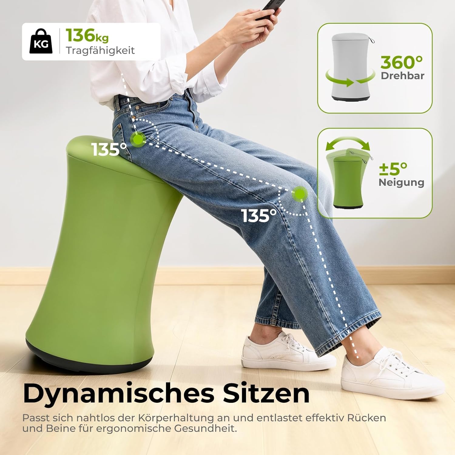 HOKO Ergonomischer Balance Hocker höhenverstellbar – 360° drehbarer Aktiv Sitzhocker mit Neigungsfunktion, Rutschfester Unterseite & 136 kg Tragfähigkeit für Büro, Homeoffice & Schule