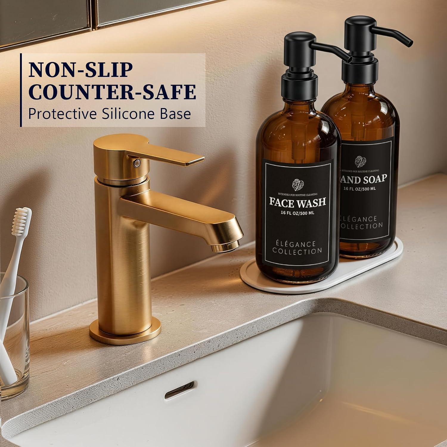 Amber Glass Soap Dispenser for Kitchen Sink and Bathroom - 2 Pack 16oz Slim Profile Bottles with Rust-Proof Stainless Steel Pump, Non-Slip Base & 14 Waterproof Labels for Home Organization