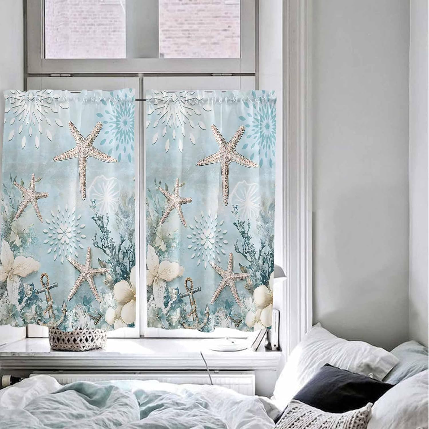 Teal Ocean Coastal Kitchen Curtains 54 Inches length, Summer Beach Window Treatment Curtain Drapes, Nautical Coral Starfish Thermal Insulated Drapes for Basement Hotel RV, 42"x54", 2 Panels