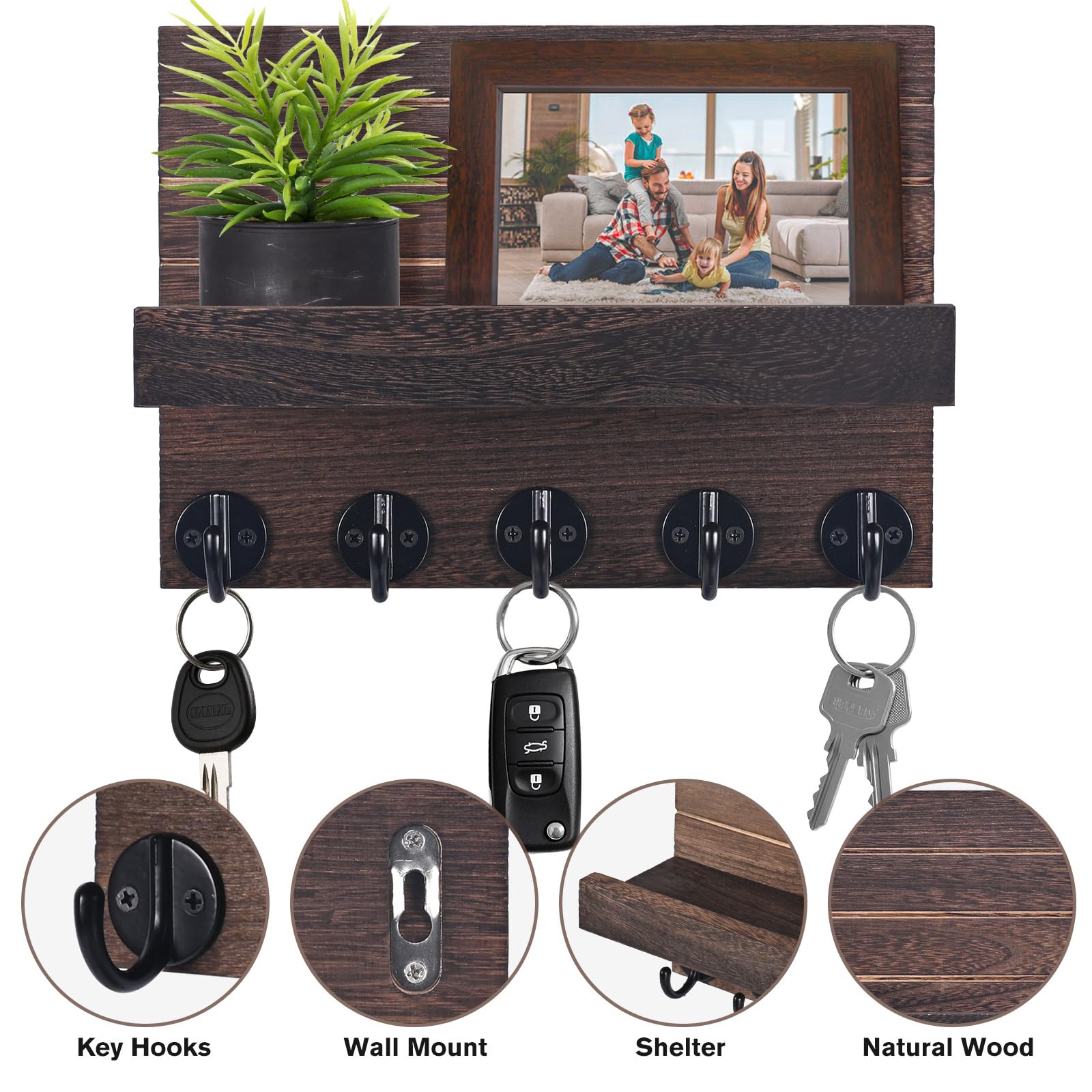 Llavero de Madera para Pared, Portallaves de Madera, Ganchos para Llaves Montados en la Pared, Organizador Llaves con 5 Ganchos para Llaves, para Llaves, Cartas, Periódicos (Marrón)