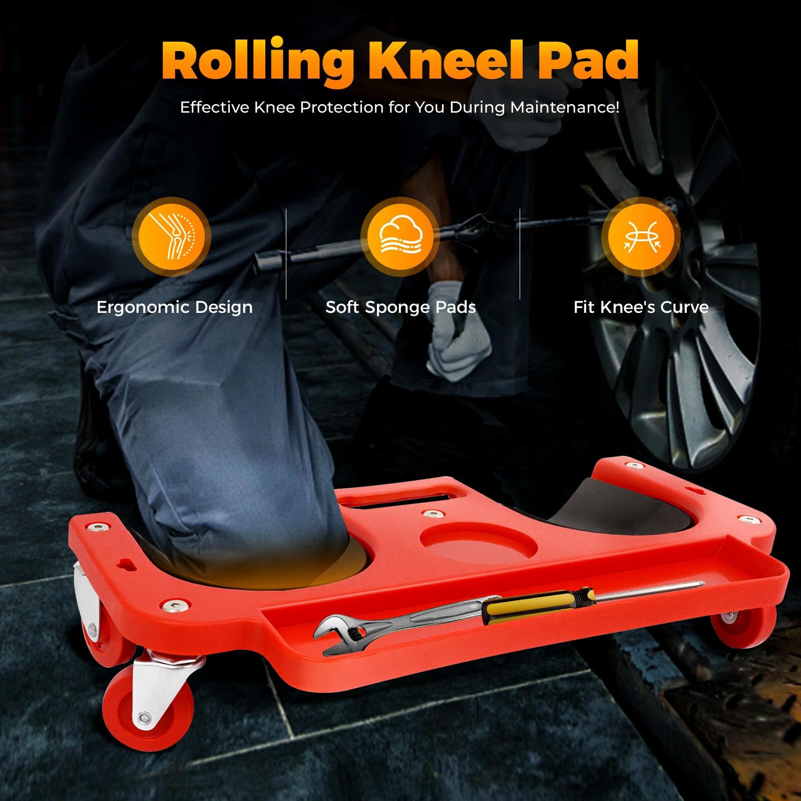 Rodilleras con 5 ruedas universales flexibles, material de polipropileno y esponja, capacidad de carga de 100 kg, cojín ergonómico para rodillas, fácil de transportar, ideal para construcción