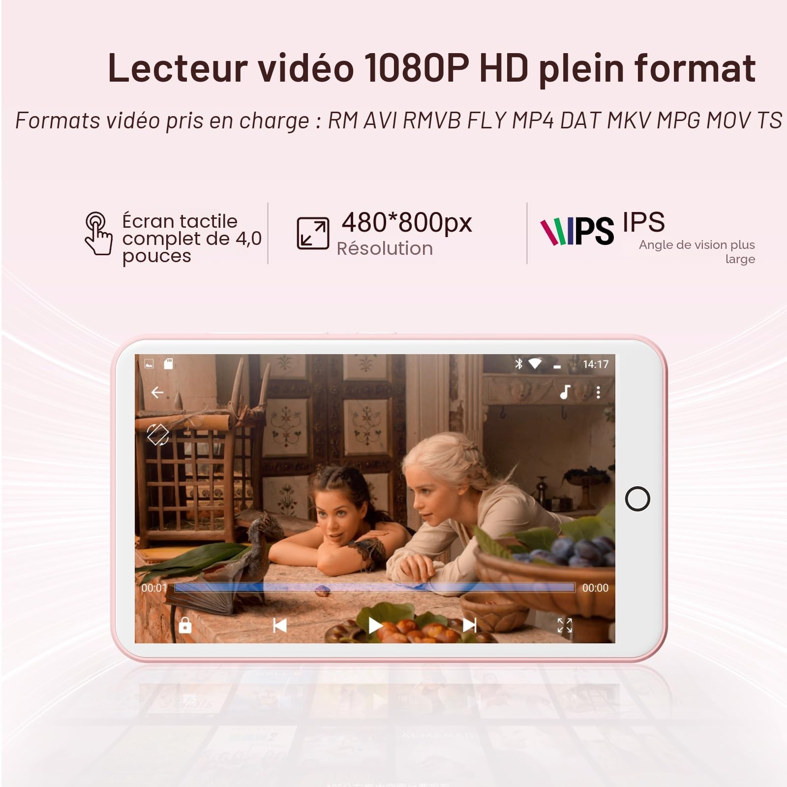 Lecteur MP3 avec Bluetooth et WiFi, Oilsky 80GB 4'' Android 9.0 Lecteur de Musique, MP4 à écran Tactile 1080P, Mp3 Portable avec Spotify, Audible, Deezer (Rose)