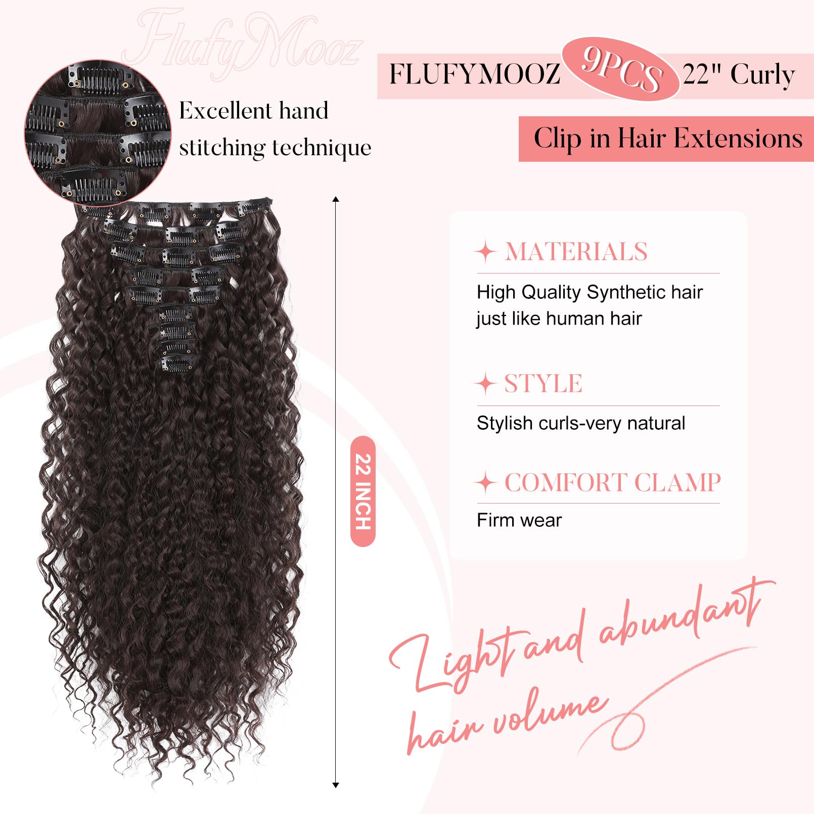 FLUFYMOOZ 9PCS Clip in Hair Extensions 22 Inch Curly Hair Extension Long Soft Synthetic Hairpieces for Women (Dark Reddish Brown) - Image 2