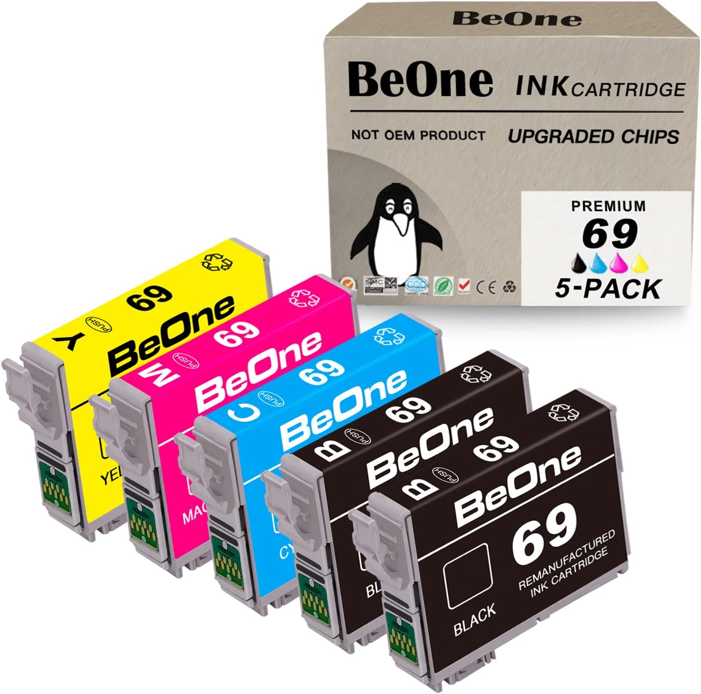 BeOne T069 Ink Cartridges Remanufactured Replacement for Epson 69 T069 to Use with Stylus NX100 NX110 NX215 NX300 NX400 NX415 NX510 NX515 Workforce 30 40 310 500 600 610 615 (5-Pack; 2BK, 1C, 1M, 1Y)