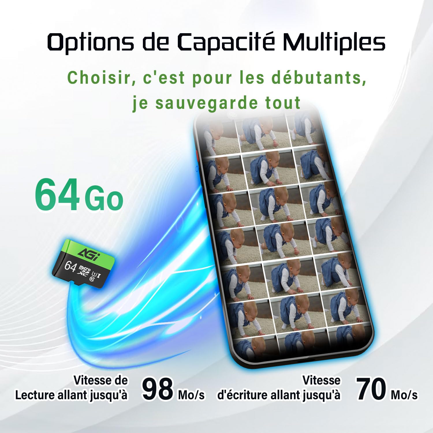 AGI TF138 Carte Micro SD MicroSDXC 64 Go avec Adaptateur SD Lecteur de Carte Type C USB 2.0 OTG