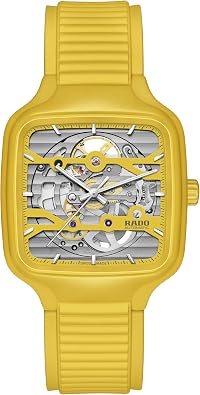 Rado - True Square - Unisex Automatic Swiss Watch - 38mm Square Yellow Rhodium Grey Dial - Yellow Rubber & High-Tech Ceramic Bracelet - R27177255