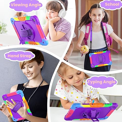 Miniatura 4 de SEYMAC stock Funda a prueba de golpes con correa de mano de 360 para Samsung Galaxy Tab A8 10.5 pulgadas, púrpura+colorido