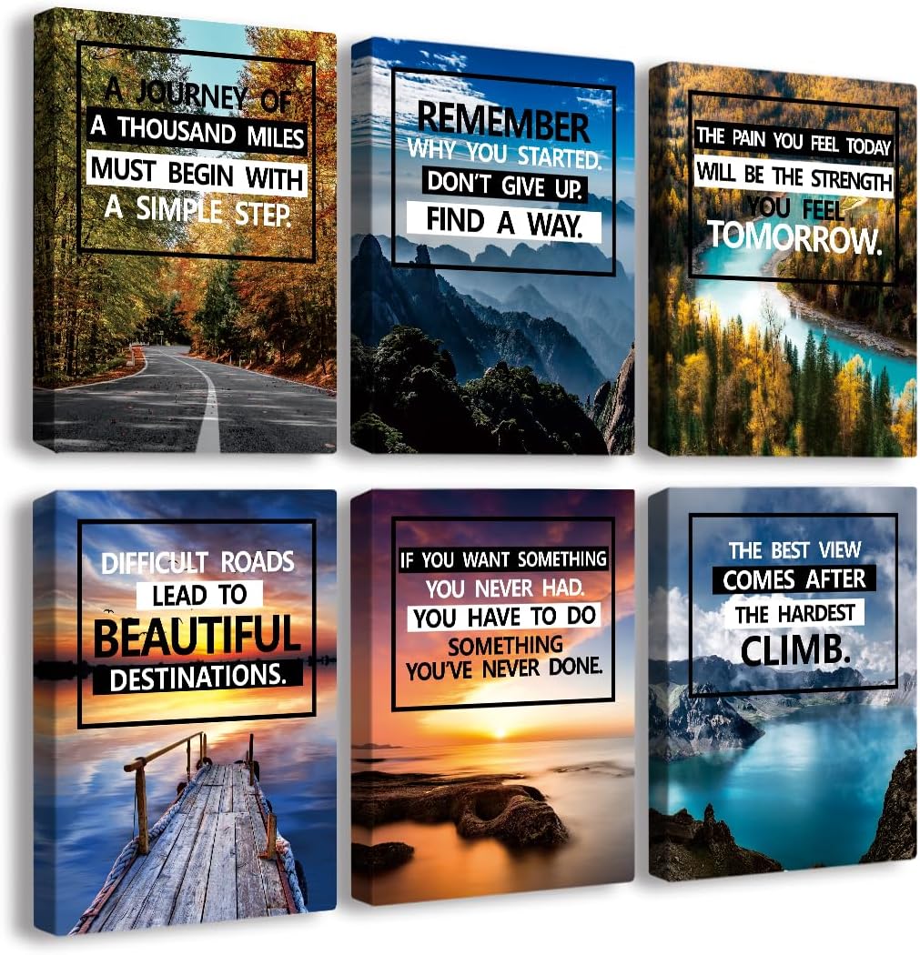 Inspirational Canvas Decoration Painting, landscape Canvas Wall Art，Suitable for Library, School, Gym,Office， Living Room Decor,6-Pack，Tabletop/Hanging(29 x 38cm) Framed A