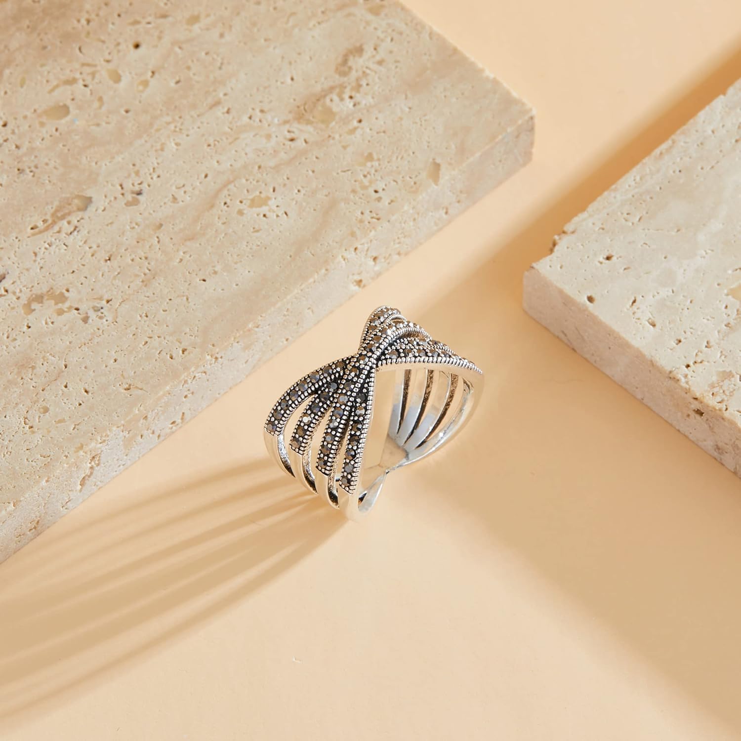 Mytys Vintage Wide Ring Classic Black Marcasite Crystal Rows Statement Silver Chunky Rings - Image 8