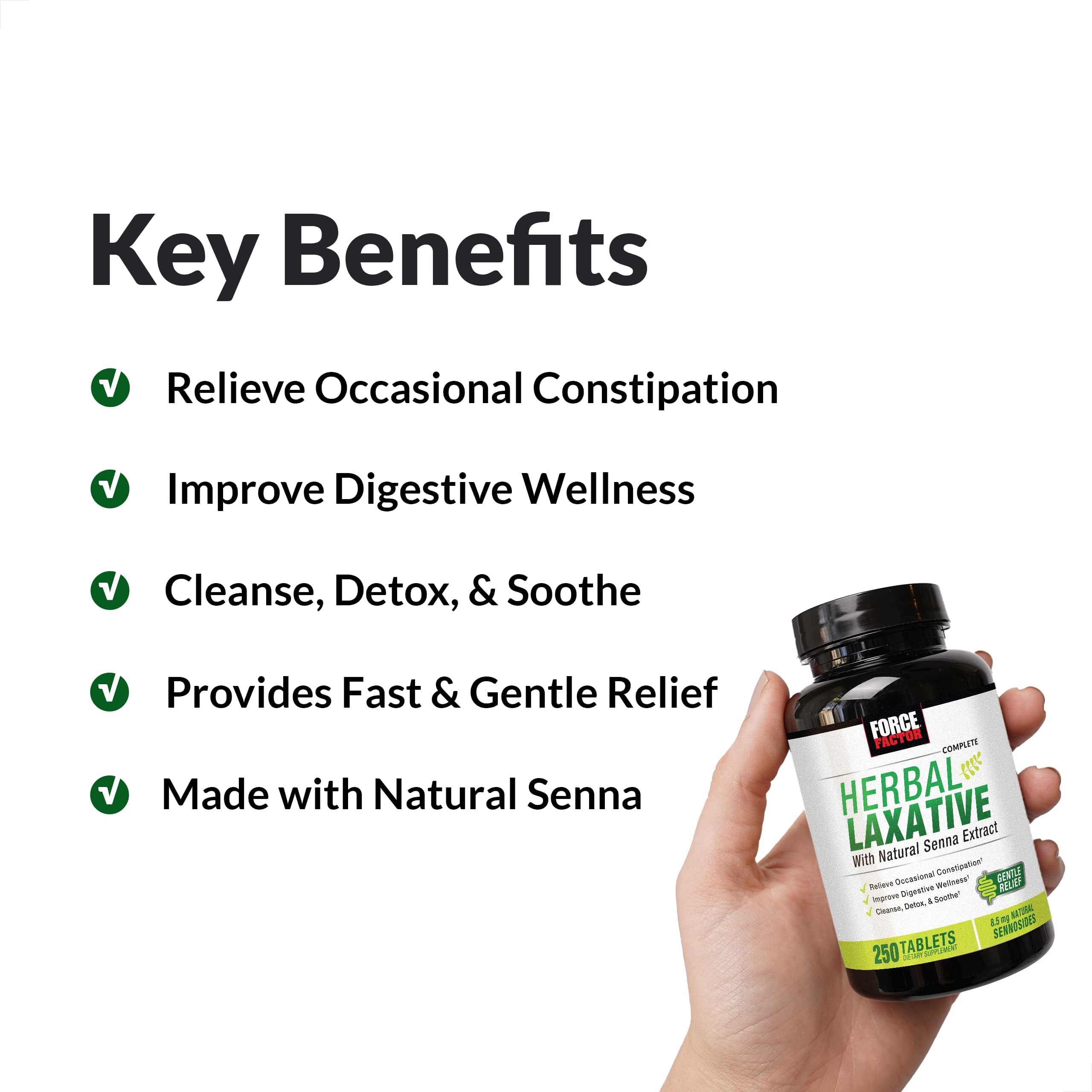 Force Factor Herbal Laxative for Constipation Relief for Adults, Digestion Supplement Made with Senna to Cleanse, Detox, and Soothe, Laxatives for Constipation for Women and Men, 250 Tablets