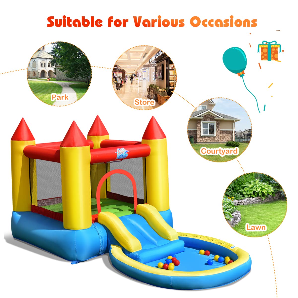 FANTASK Hüpfburg Kinder, hüpfburg Innen- und Außenbereich inkl. Rutsche, Sprungbereich & Planschbecken, Bouncy Castle für Kinder, 362 x 196,5 x 193 cm