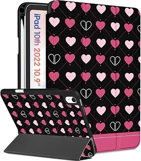 Wazzasoft for iPad A16 Case 2025 - for iPad 10th Generation Case Cute Women Girls Girly Kawaii Teens Heart Design Unique Pencil Holder Auto Sleep/Wake Tablet Cover for Apple 11/10 10.9 Inch