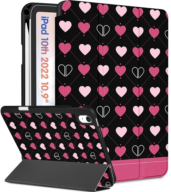 Wazzasoft for iPad A16 Case 2025 - for iPad 10th Generation Case Cute Women Girls Girly Kawaii Teens Heart Design Unique Pencil Holder Auto Sleep/Wake Tablet Cover for Apple 11/10 10.9 Inch by Wazzasoft - Used condition - US$15.35
