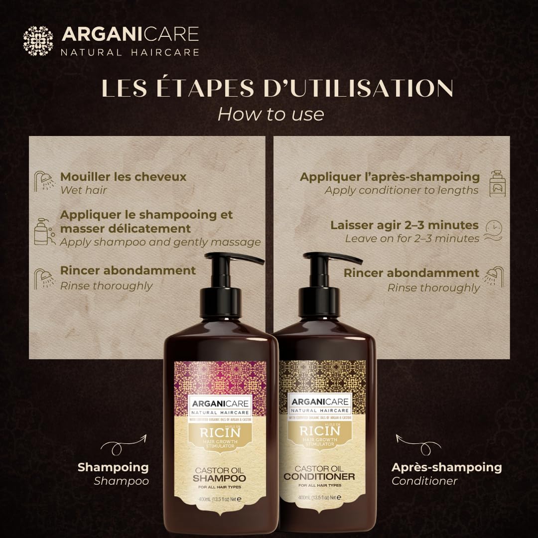 Arganicare | Duo Shampoo + Balsamo | Castore | Acceleratore della crescita | Pulisce e idrata delicatamente i capelli | Tutti i tipi di capelli | 1x400 ml+ 1x400 ml
