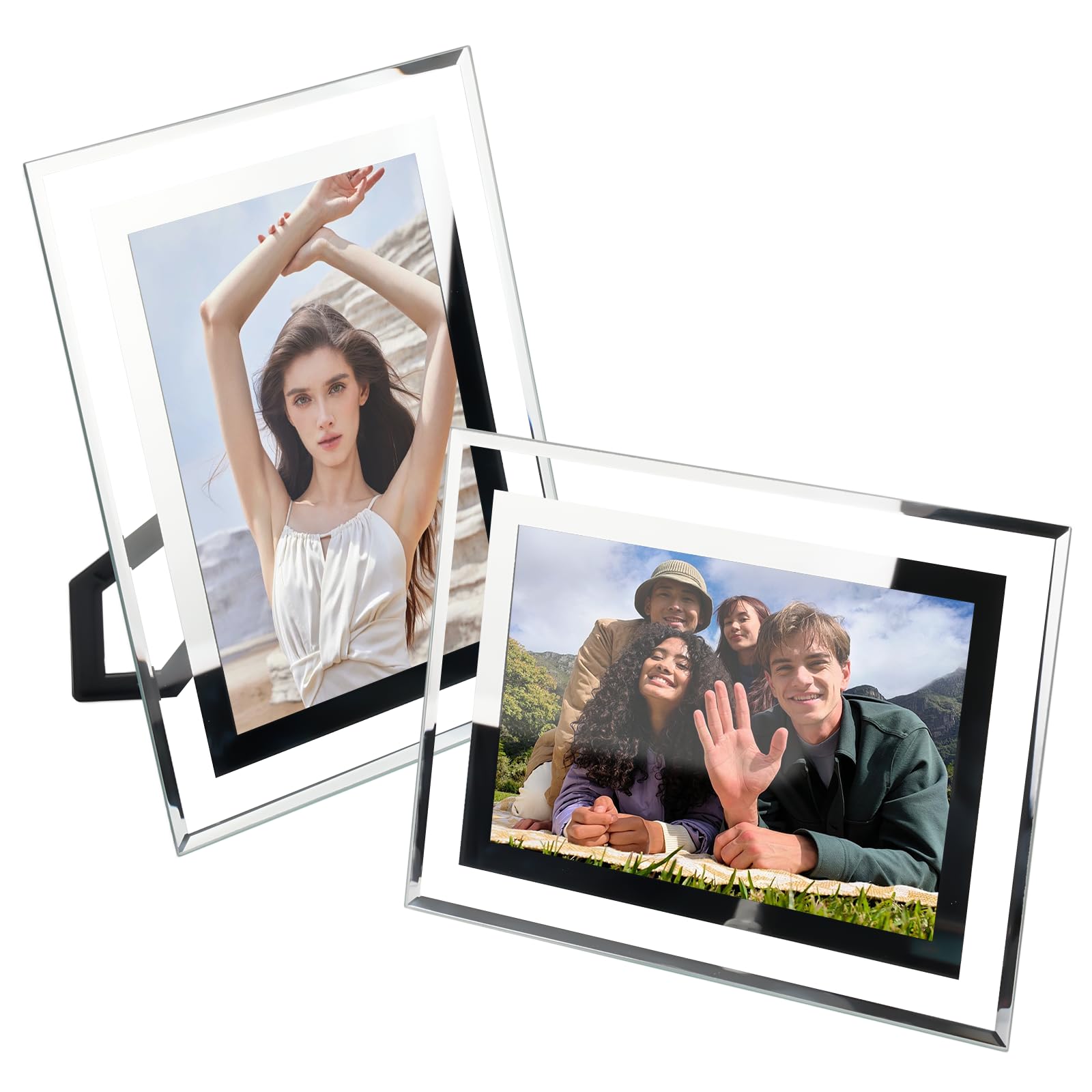 Juego de 2 Marcos de Fotos 10x15, Portafotos de Cristal, Marco Fotos Cristal, Portarretratos de Cristal, Marco Fotos 10x15, con el Borde Plateado, Para Fotos de Bebe, Familiares y Boda, Regalo