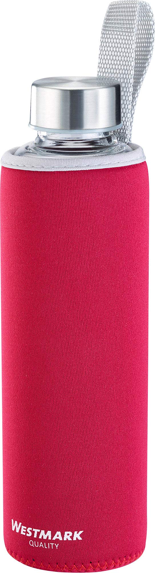 Westmark Botella para beber, De vidrio con impresión, Incl. cubierta protectora, 550 ml, Vidrio/silicona/caucho, Sin BPA, Viva, Rojo/plata/transparente, 5272226R