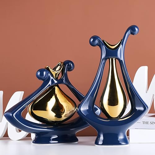 Miniatura 6 de Jarrones modernos para decoración, jarrón de cerámica azul con decoración dorada, jarrones decorativos para el hogar para flores, jarrón azul dorado