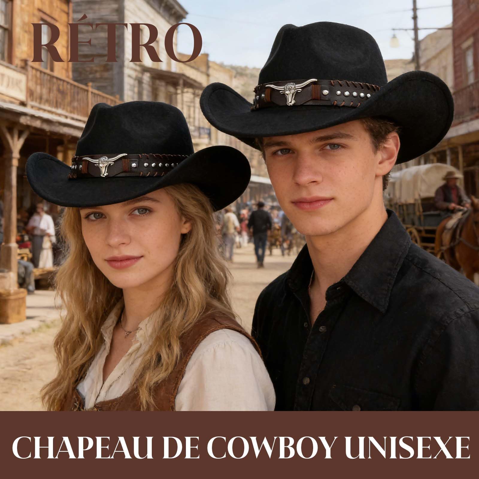 MYKAGS Chapeau de Cowboy en Feutre de Laine de Style Occidental avec Accessoire distinctif en Forme de tête de Taureau Chapeau de Soleil pour l'extérieur Chapeau de Cowboy Unisexe Polyvalent (Noir)