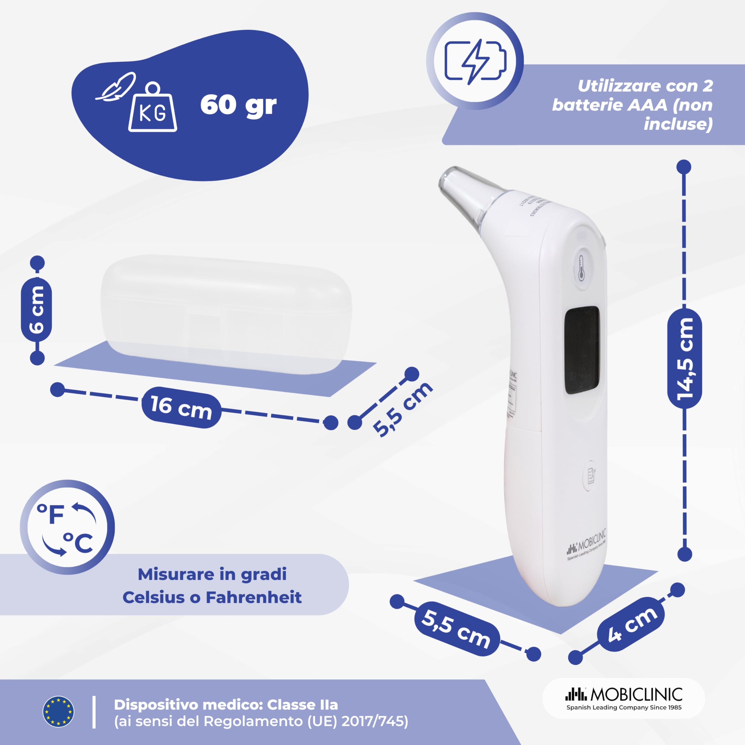 Mobiclinic®, Termometro Auricolare, 7 Memorie, Avviso Febbre, Display Illuminato, Punta Morbida e Sicura, Spegnimento Automatico, per Bambini e Adulti, °C/°F, Thermobi1