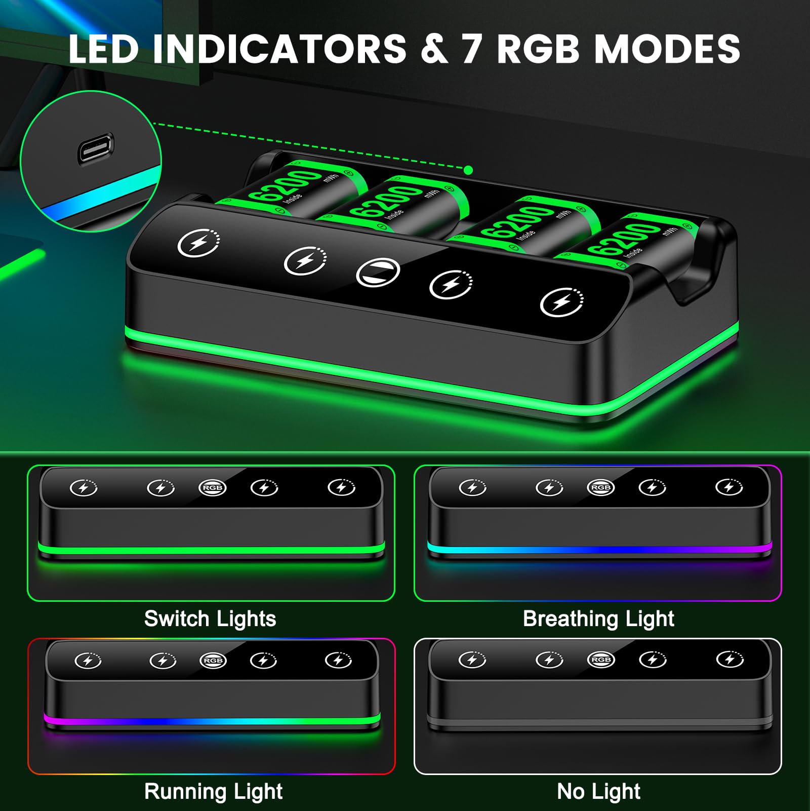 4X 6200 mWh Akku für Xbox One/Series S/X Controller, Ladestation mit coolem RGB-Licht, wiederaufladbares Akkupack kompatibel mit Xbox Series X|S/S/X/Elite Wireless Controller, Schwarz