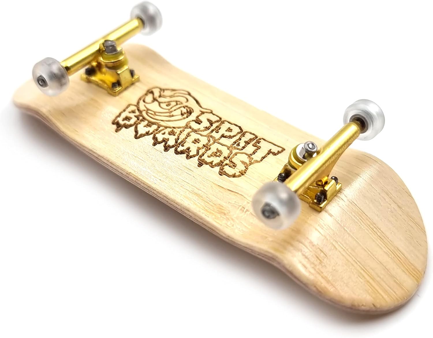 SPITBOARDS® 34 mm Fingerboard Complete Wood Pro Set-Up (Pre-Assembled, 5-Layers), Pro Trucks, CNC Bearing Wheels, Foam Grip Tape, (Deck: Bamboo Wood, Trucks: Gold, Wheels: Transparent)