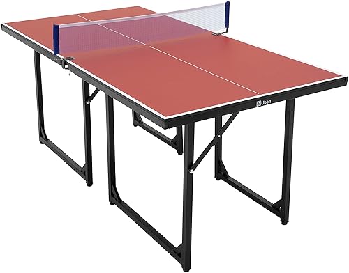 Ubon Mesa de ping pong plegable de tamaño pequeño, 60 x 30 pulgadas, mesa de tenis de mesa portátil con redpostes de altura reguladora para juegos