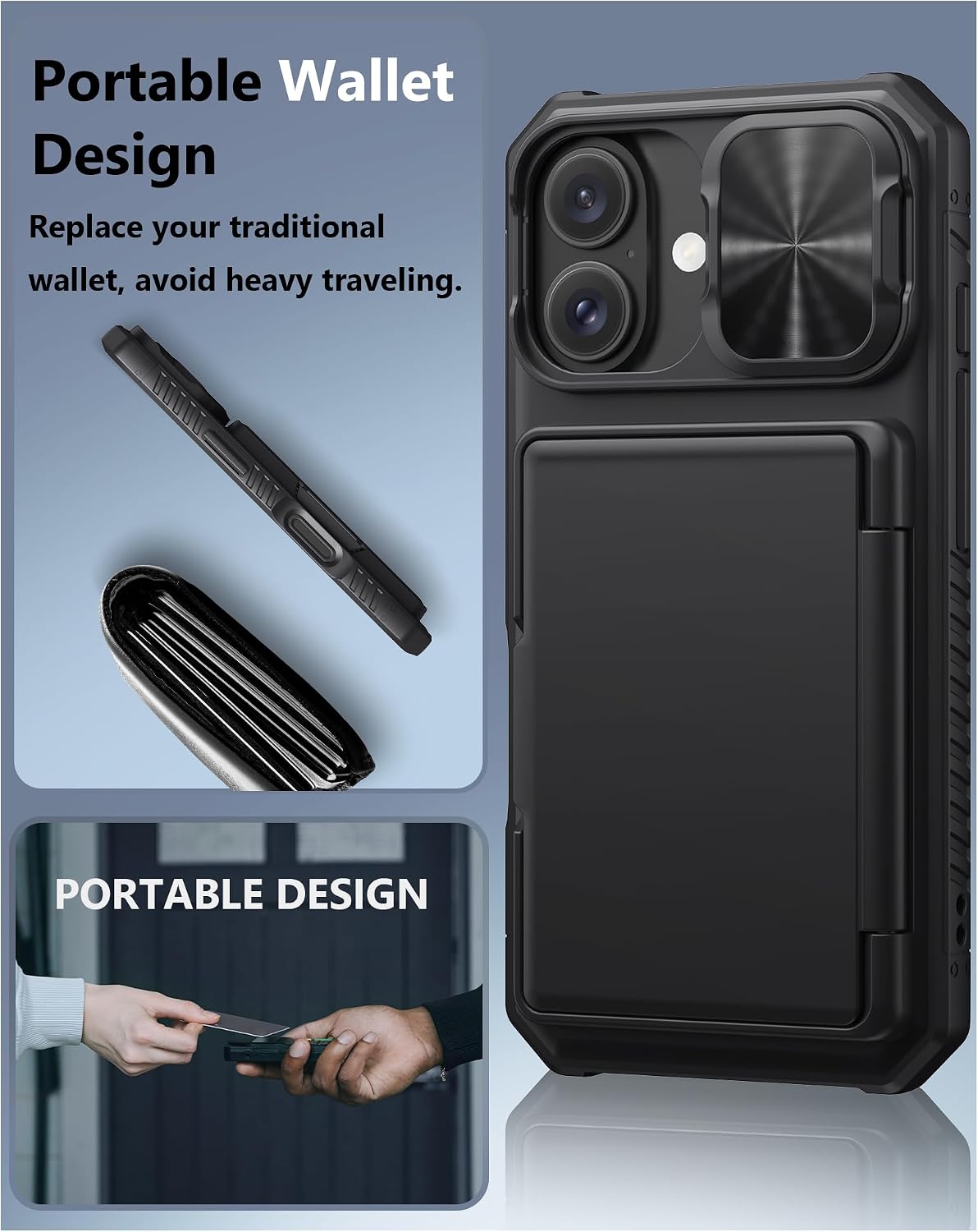 ATATOO for iPhone 16 Case with Card Holder (Store 3-5 Cards) [RFID Blocking] & Slide Camera Cover, Military Grade Protection, Rugged Silicone Wallet Case for iPhone 16 6.1" 2024, Black