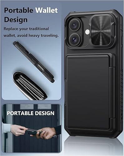 Miniatura 6 de ATATOO Funda para iPhone 16 con tarjetero (almacena 3-5 tarjetas) bloqueo RFID y funda para cámara deslizante, protección de grado militar, funda de