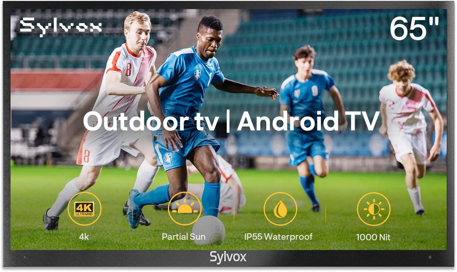 SYLVOX Outdoor TV, 4K UHD 65 Inch Smart TV, IP55 Waterproof 1000 nits Brightness for Partial Sun, Outdoor Television Powered by Android OS, Works with Voice Assistant & Screen Cast (Deck Pro)
