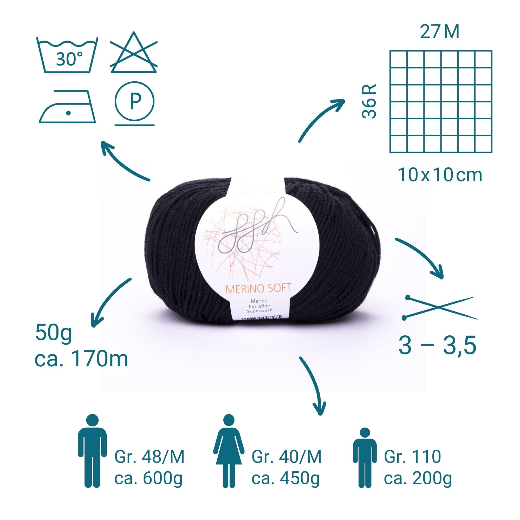 ggh Merino Soft Box | 6x50g (insgesamt 300g) Merinowolle zum Stricken | Lauflänge 170m/50g | Farbe 015 - Schwarz