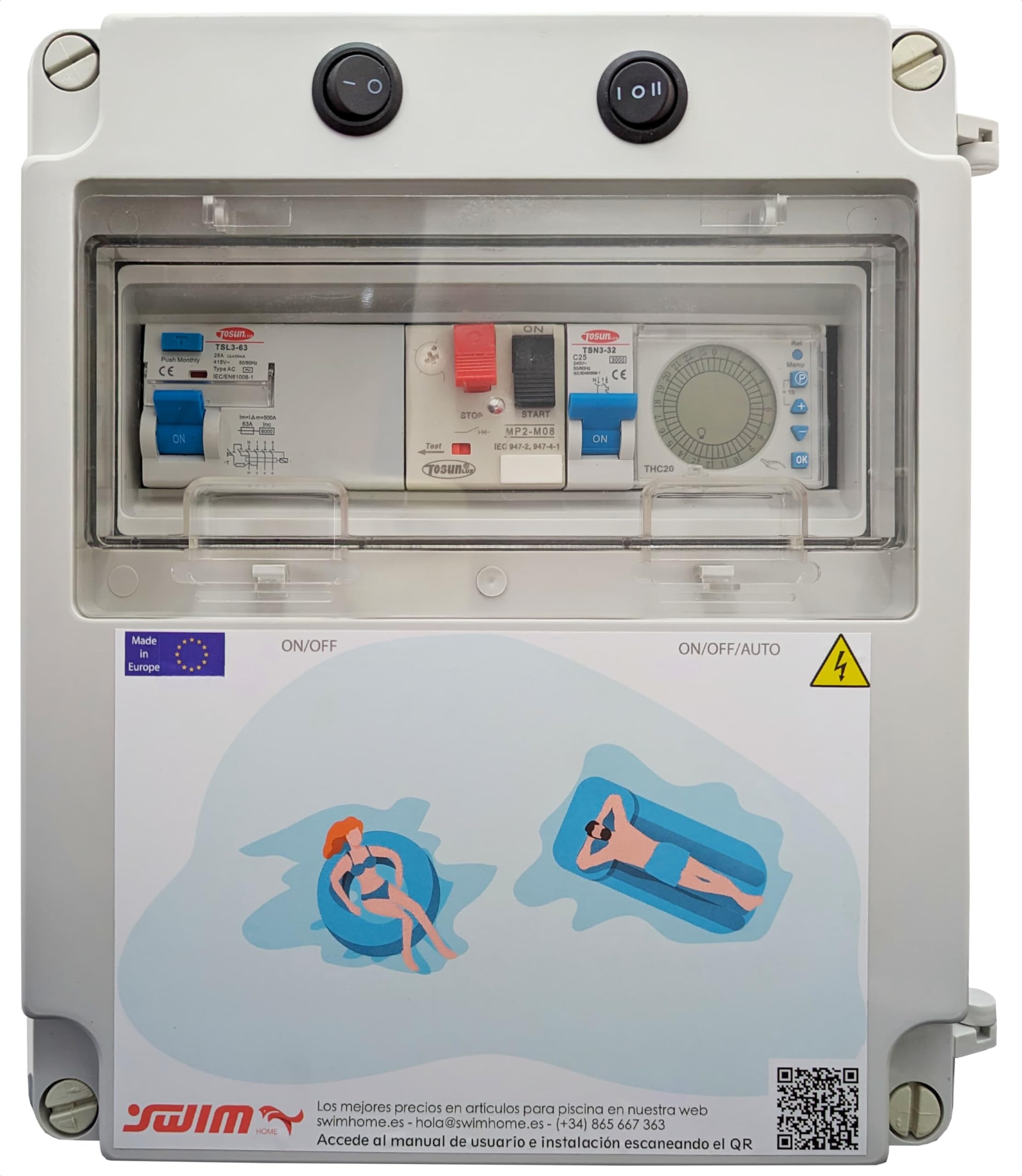 Tosun Cuadro Eléctrico Trifásico Piscina 380V Sin Transformador, Contactor 2CV, Guardamotor 6-10A, Reloj, IP65