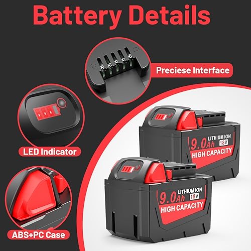 Miniatura 4 de Paquete de 2 baterías de litio M-18 9000mAh 18V de repuesto para Milwaukee M-18 48-11-1840 48-11-1828 48-11-1820 48-11-1815 48-11-1850 48-11-1890