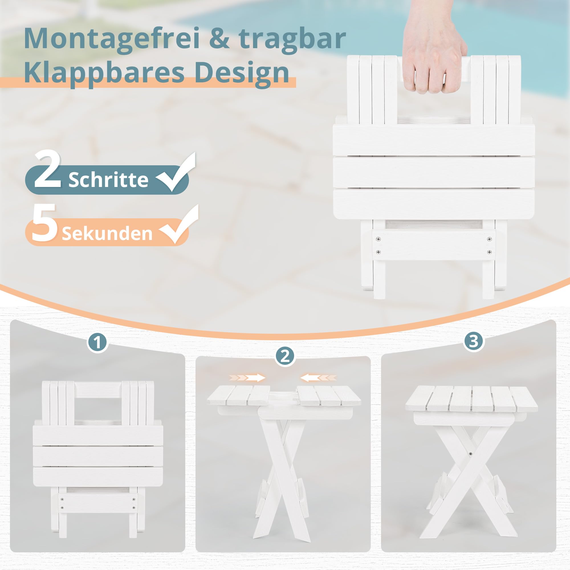 LUE BONA Beistelltisch Outdoor Wetterfest Klappbar,Beistelltisch Garten Balkon aus HDPS,Klapptisch Klein mit Einfacher Montage,Robuster Abstelltisch für Camping,Terrasse,32 × 32 × 36cm,Weiß