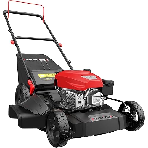 21" Gas Lawn Mower, 3-in-1 Gas Powered Push Mower, 144cc 4-Stroke OHV Engine, 6 Height Adjustment, Efficient Steel Deck, 1.4 Bushel Grass Catcher with Bagging, Mulching & Side Discharge