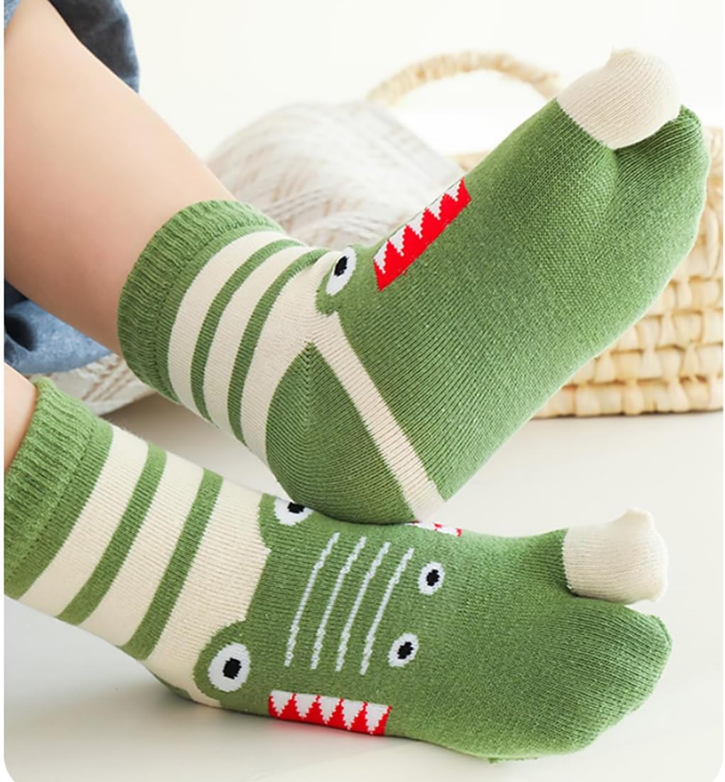 5 Pairs Kids Cotton Two Big Toe Tabi Flip Flops V Socks Cute Cartoon Animals Socks for Boys Girls 3-12 Years